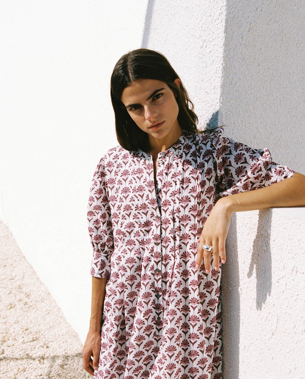 Vestido midi algodón rosa - Vestido midi tejido<strong> 100% </strong><strong>algodón</strong>