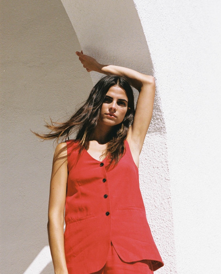 Chaleco largo tencel y lino rojo - <div><div>Chaleco largo