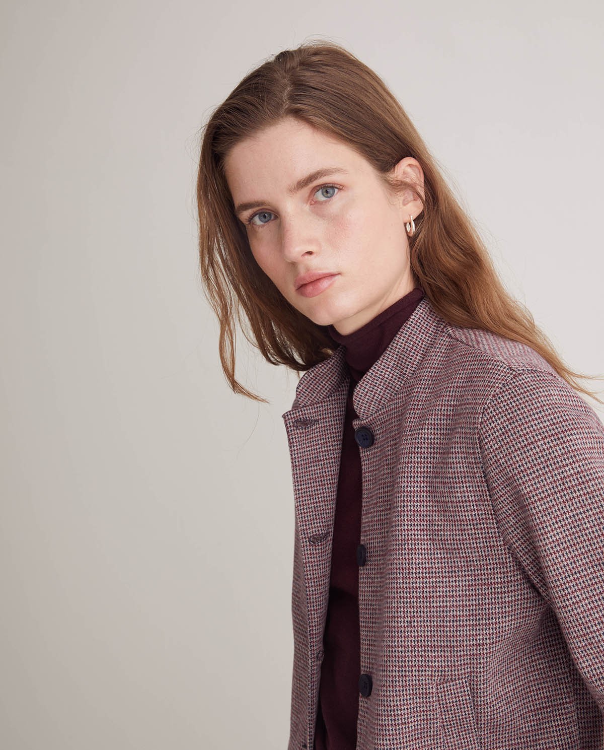 Chaqueta corta suave pata de gallo berenjena - Chaqueta corta mezcla de algodón