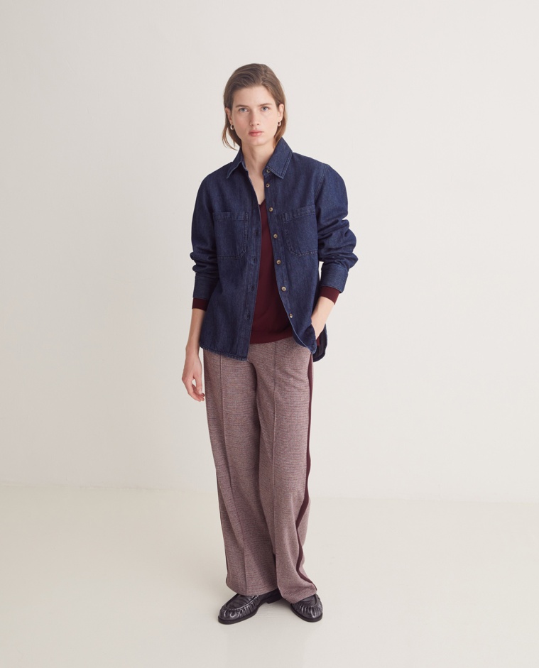 Pantalones anchos pata de gallo berenjena mujer Yerse - Detalle frontal