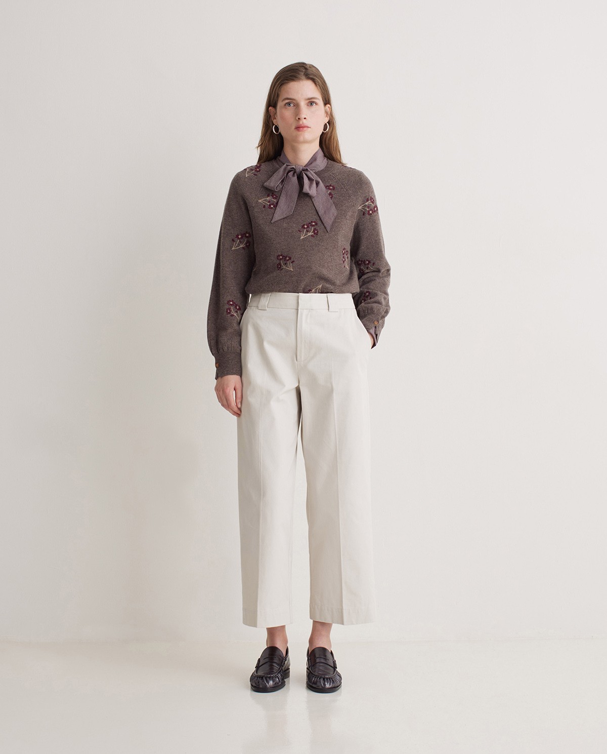 Ecru 100% cotton regular-fit trousers woman Yerse - Front view 3