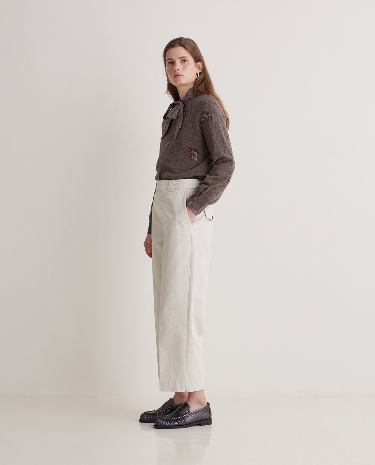 Ecru 100% cotton regular-fit trousers woman Yerse - Front view 4