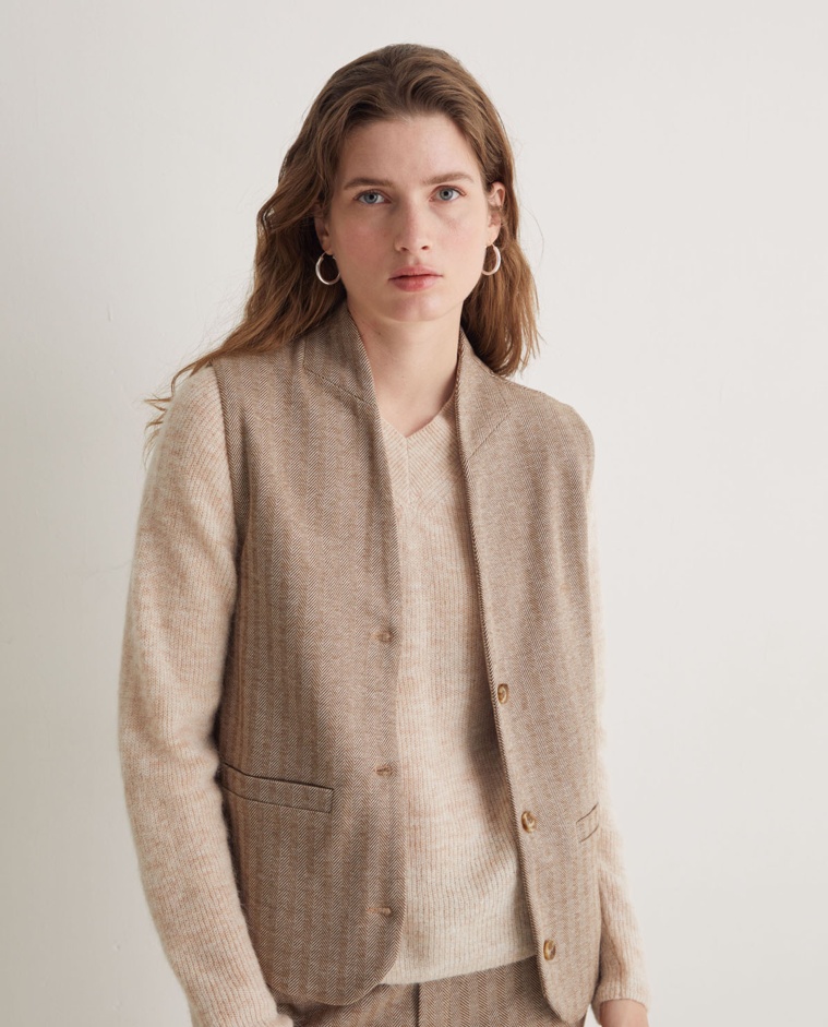 Jersey alpaca y lana punto inglés beige mujer Yerse - Detalle frontal