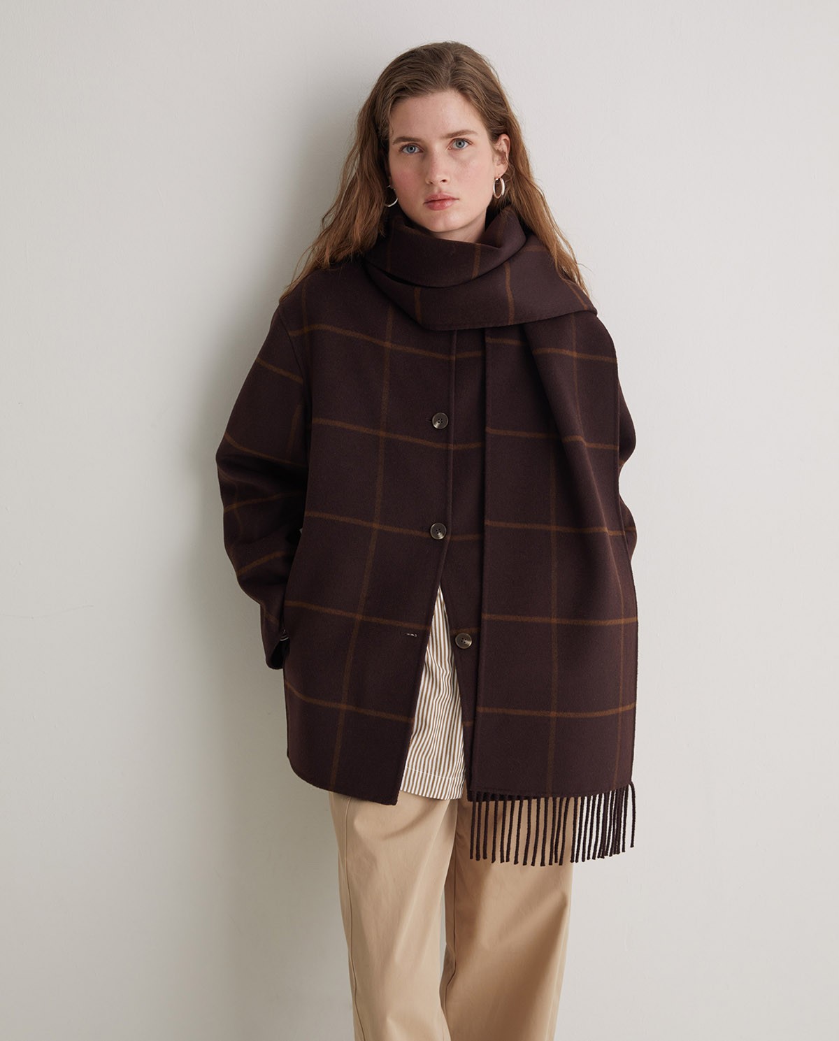 Brown wool blend coat with scarf - Coat with non-removable scarf 6