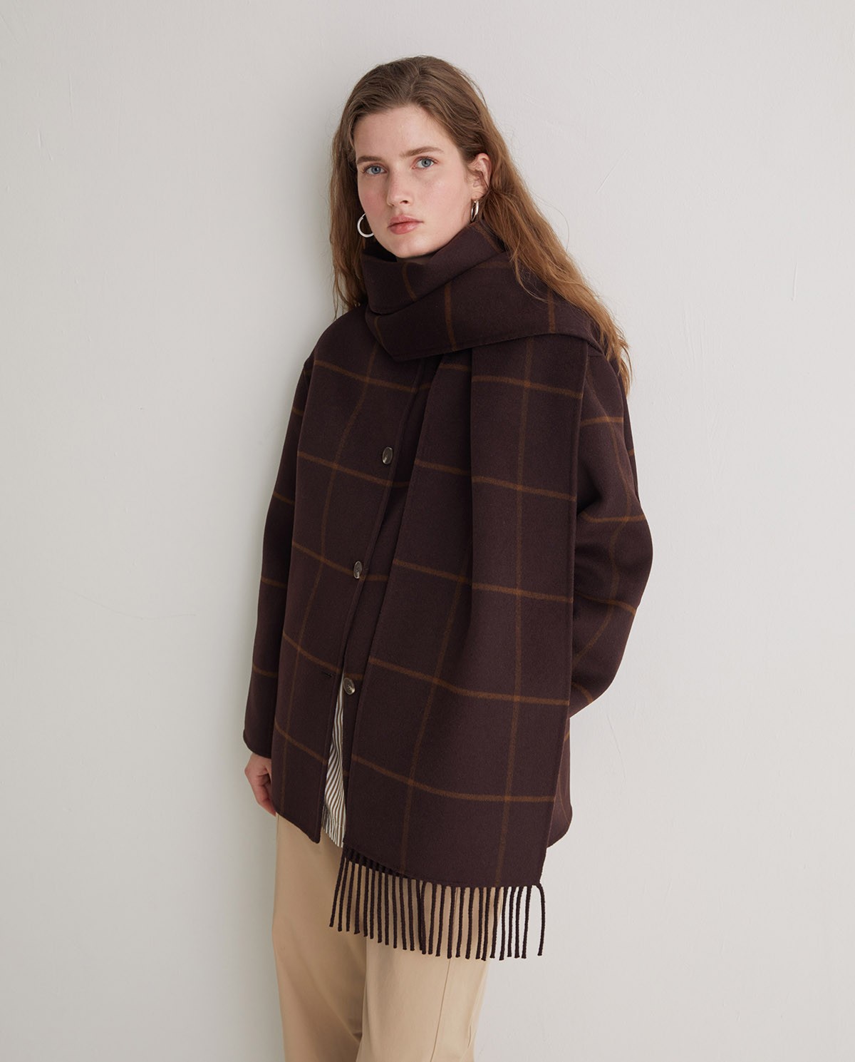 Brown wool blend coat with scarf - Coat with non-removable scarf 3