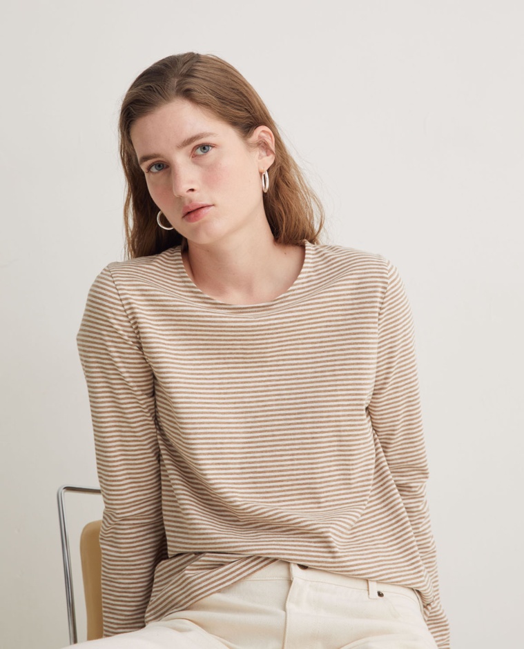 Dark beige striped organic cotton T-shirt - 100% organic cotton T-shirt