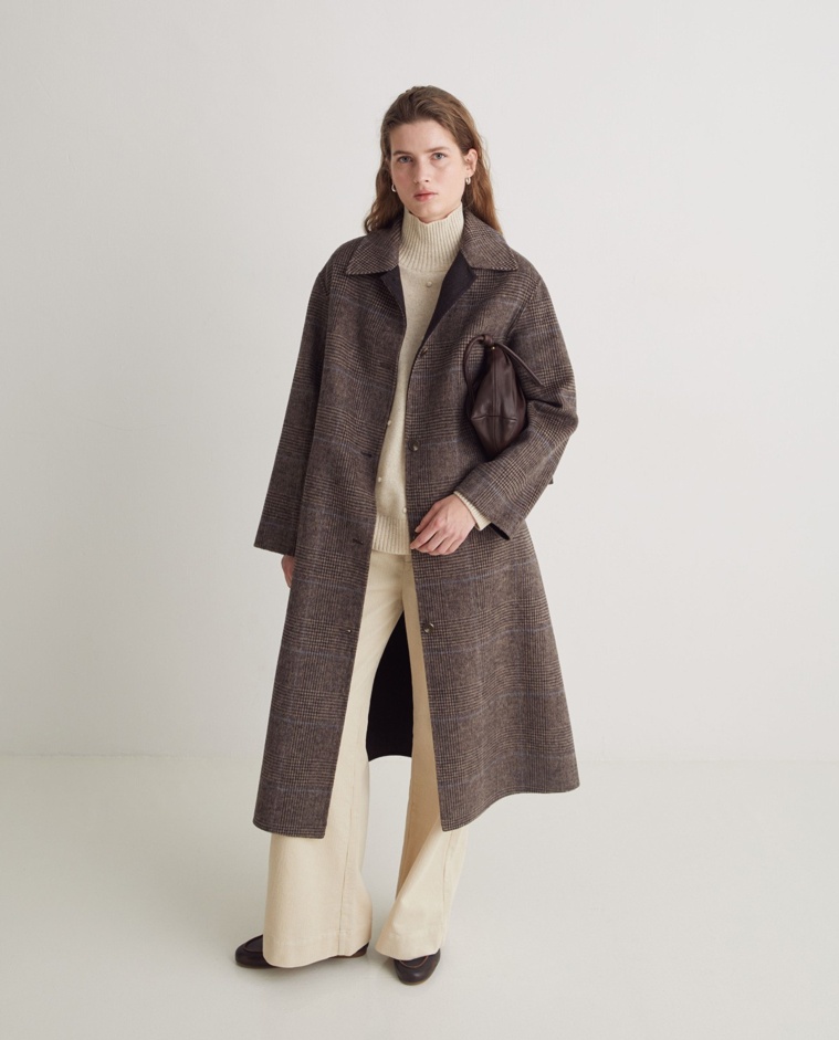 Handmade checked wool-blend long coat brown woman Yerse - Front view