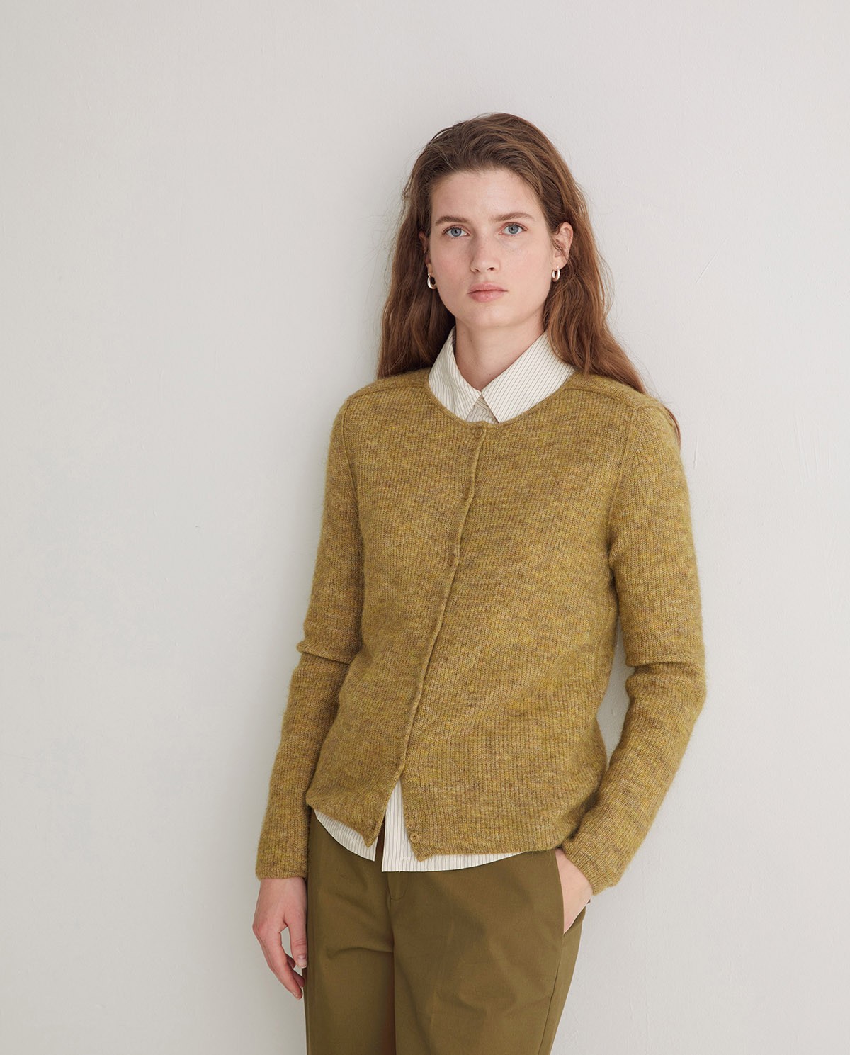 Olive-green alpaca-blend fisherman’s-rib cardigan woman Yerse - Front view 3