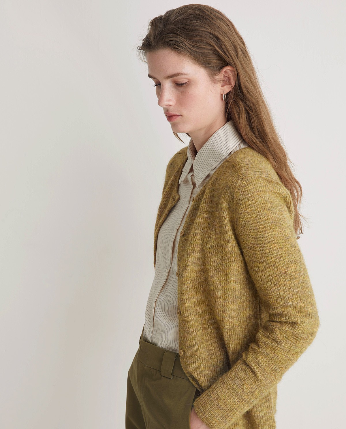 Olive-green alpaca-blend fisherman’s-rib cardigan woman Yerse - Front view 6