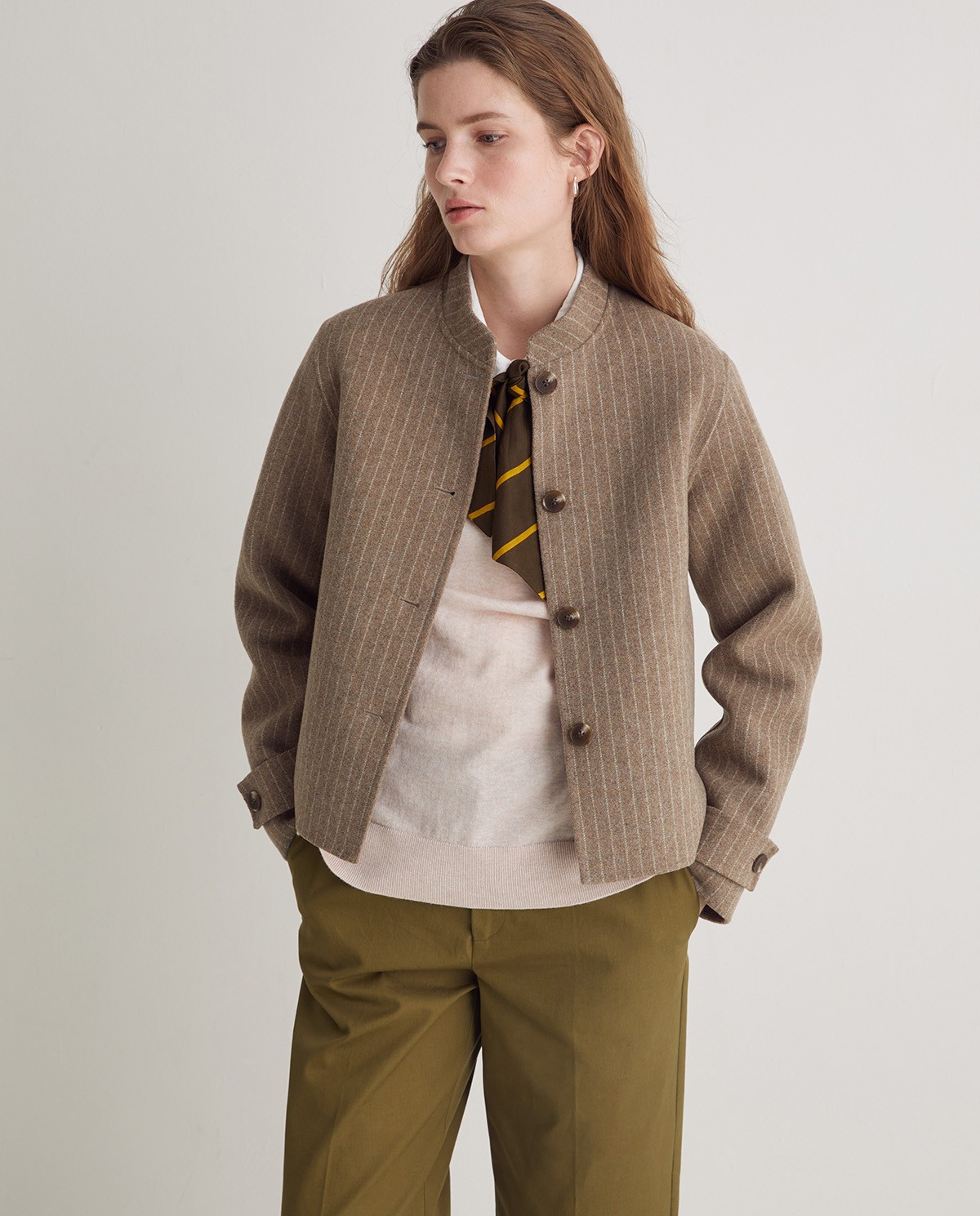 Handmade striped double-faced short jacket beige woman Yerse - Front view 1