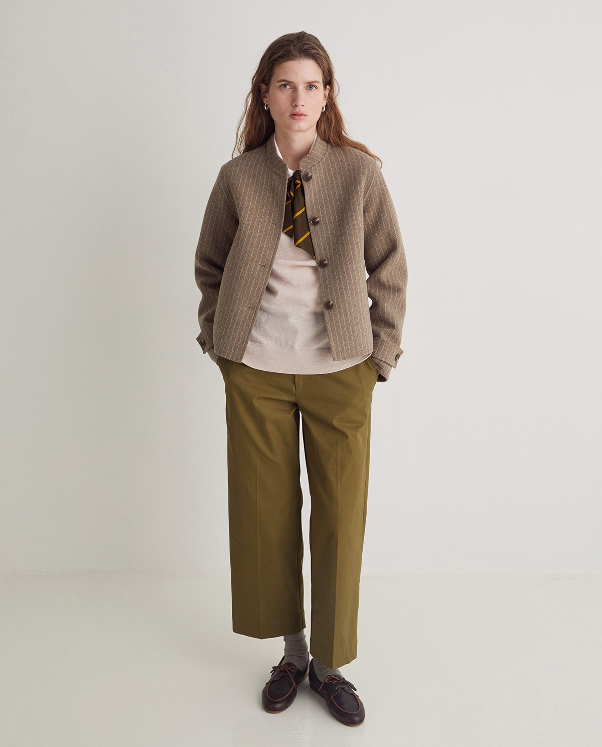 Handmade striped double-faced short jacket beige woman Yerse - Front view 4