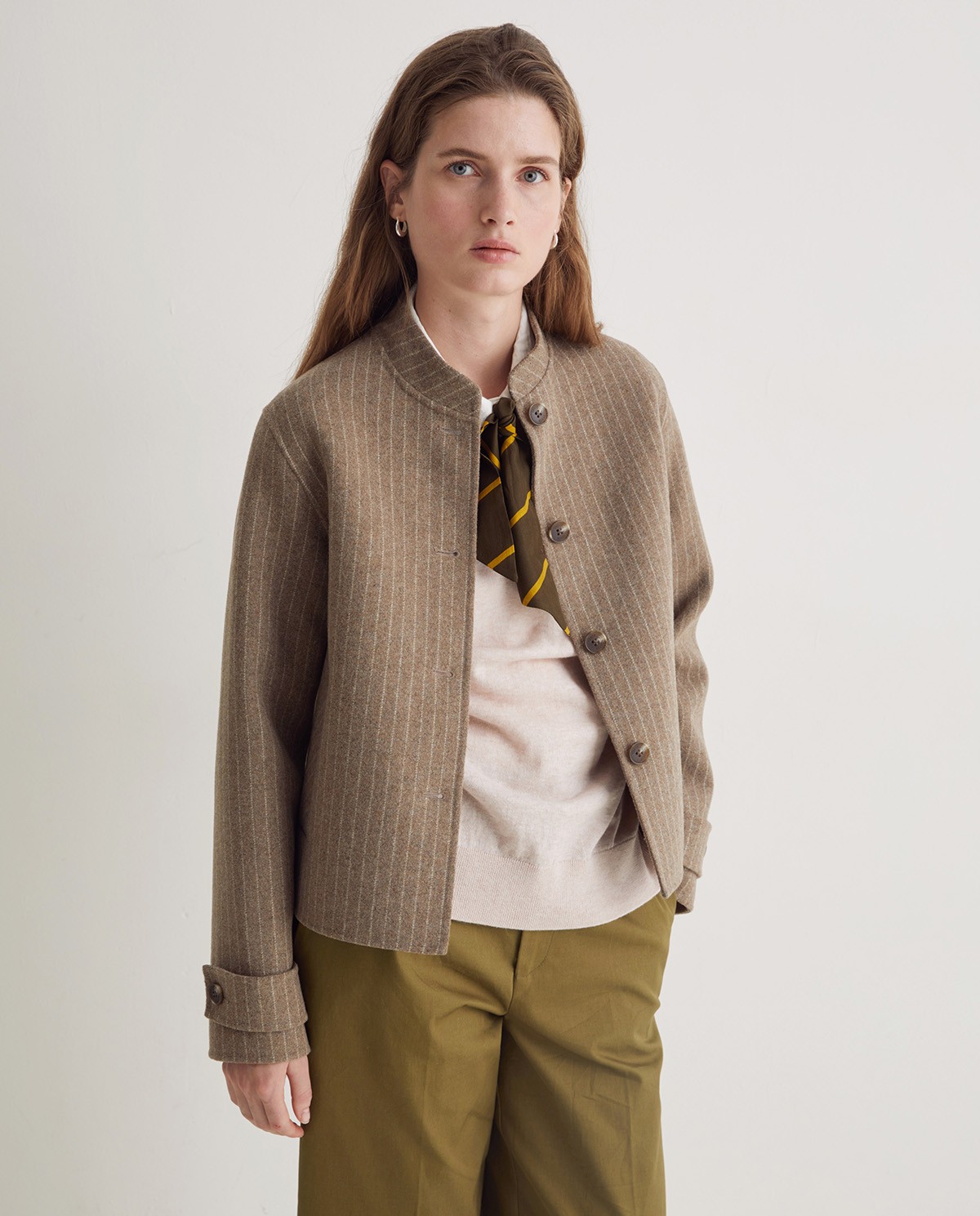 Handmade striped double-faced short jacket beige woman Yerse - Front view 3