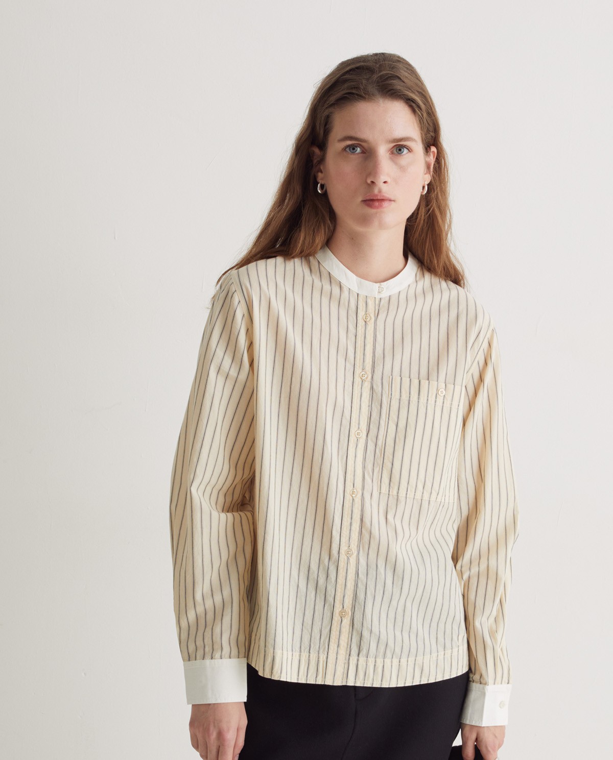 Ecru striped 100% cotton blouse woman Yerse - Front view 2