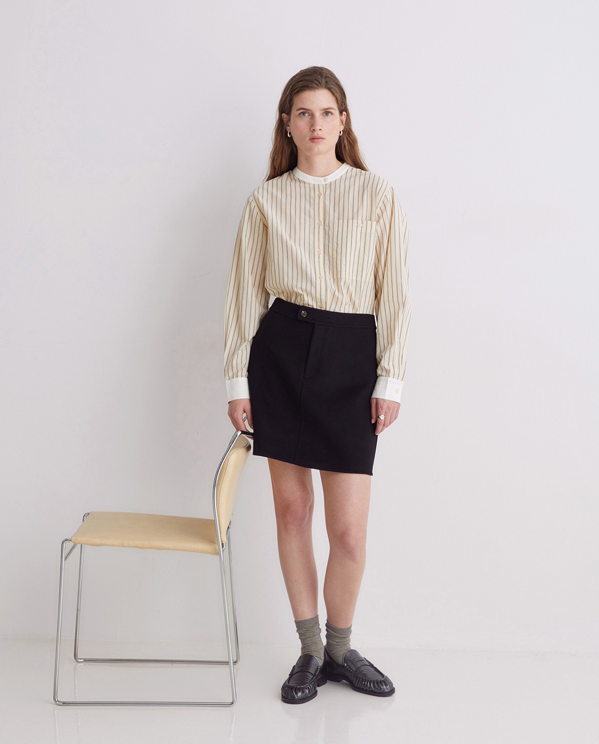 Ecru striped 100% cotton blouse woman Yerse - Front view 3