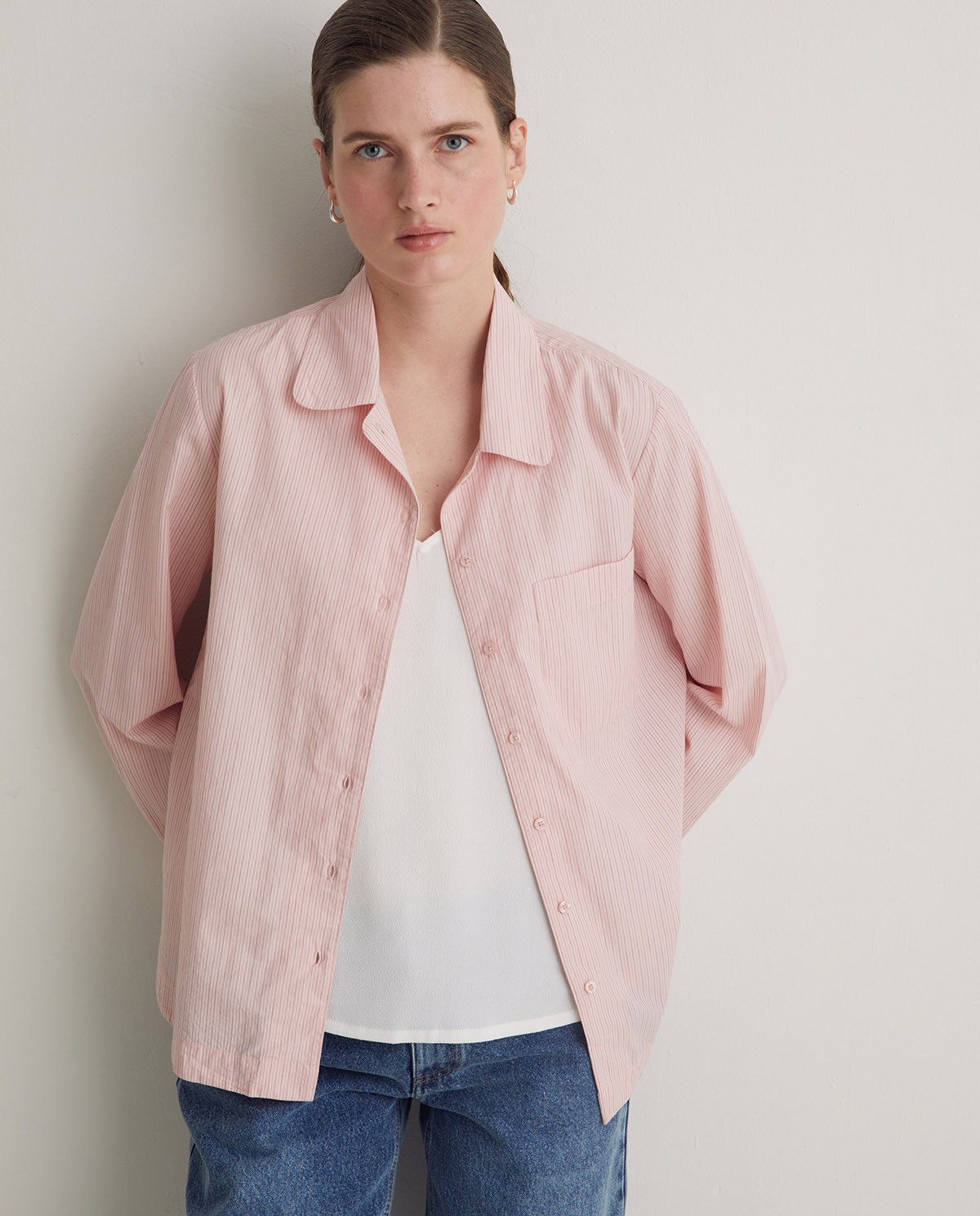 Pink 100% organic-cotton poplin shirt woman Yerse - Front view 1
