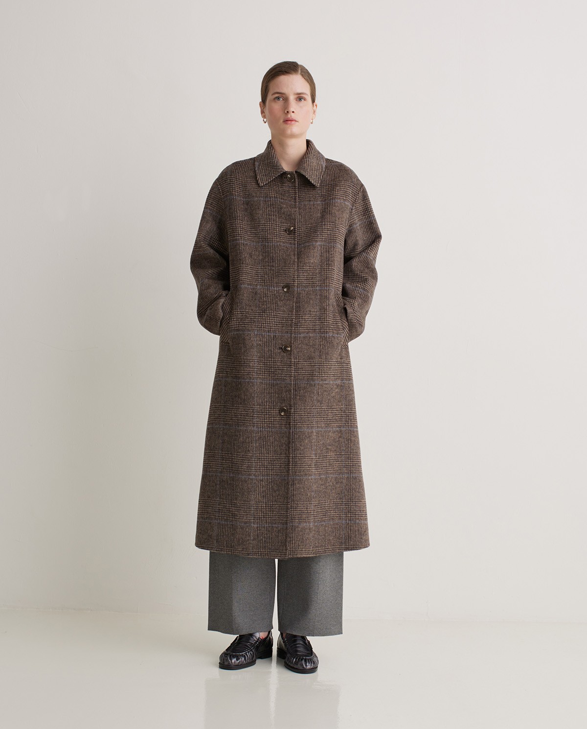 Handmade checked wool-blend long coat brown woman Yerse - Front view 5