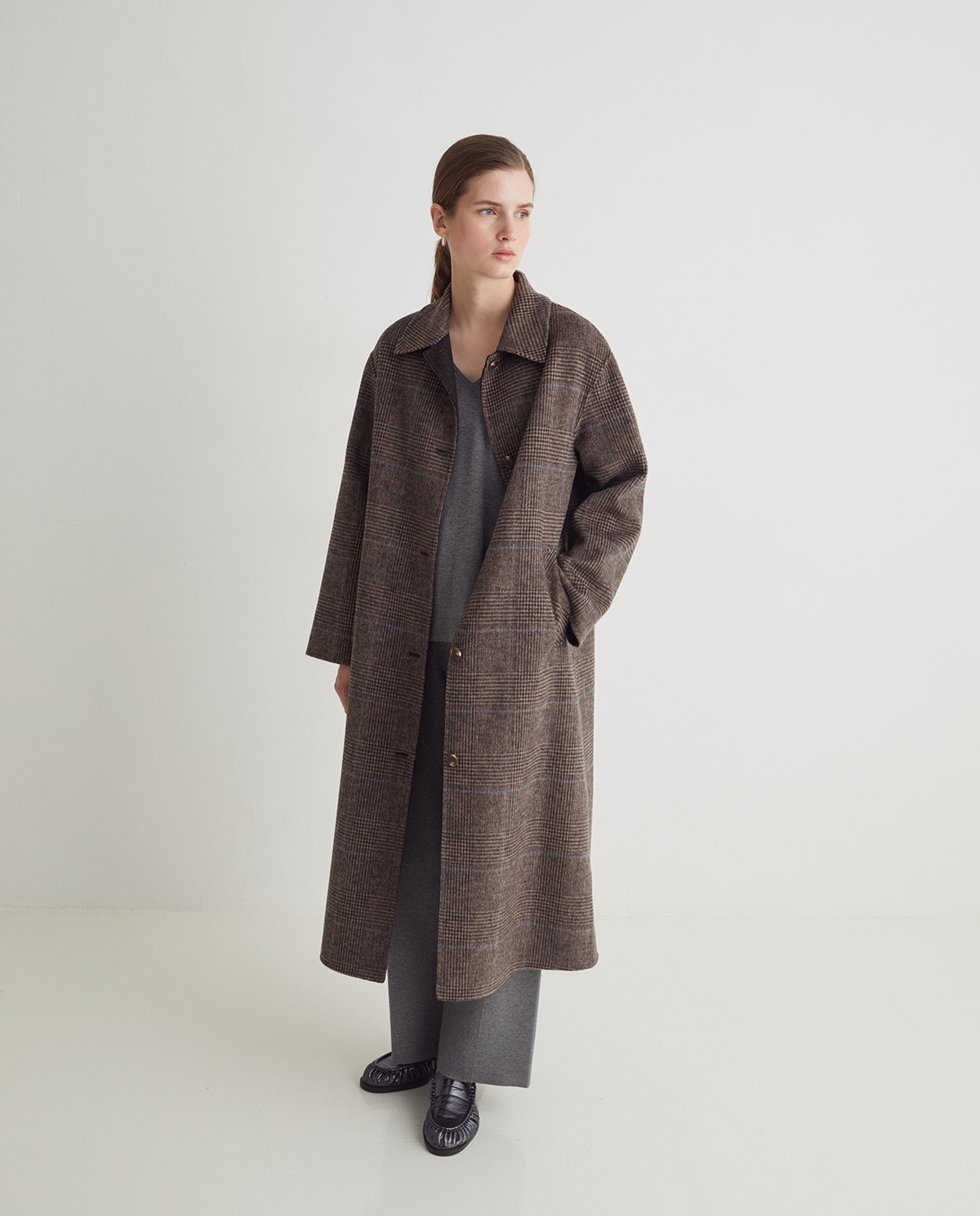 Abric llarg barreja llana quadres marró - Abric llarg regular fit