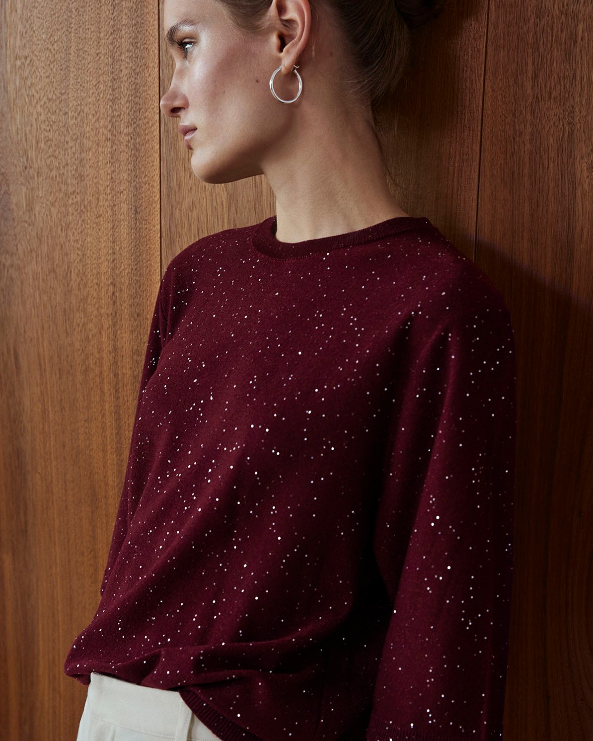 Maroon French-sleeve sweater sequins woman Yerse - Front view