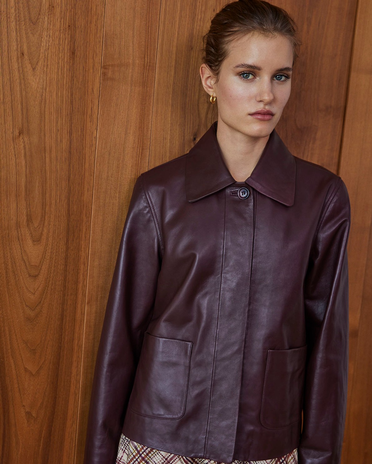 Bugundy 100% leather short jacket woman Yerse - Front view