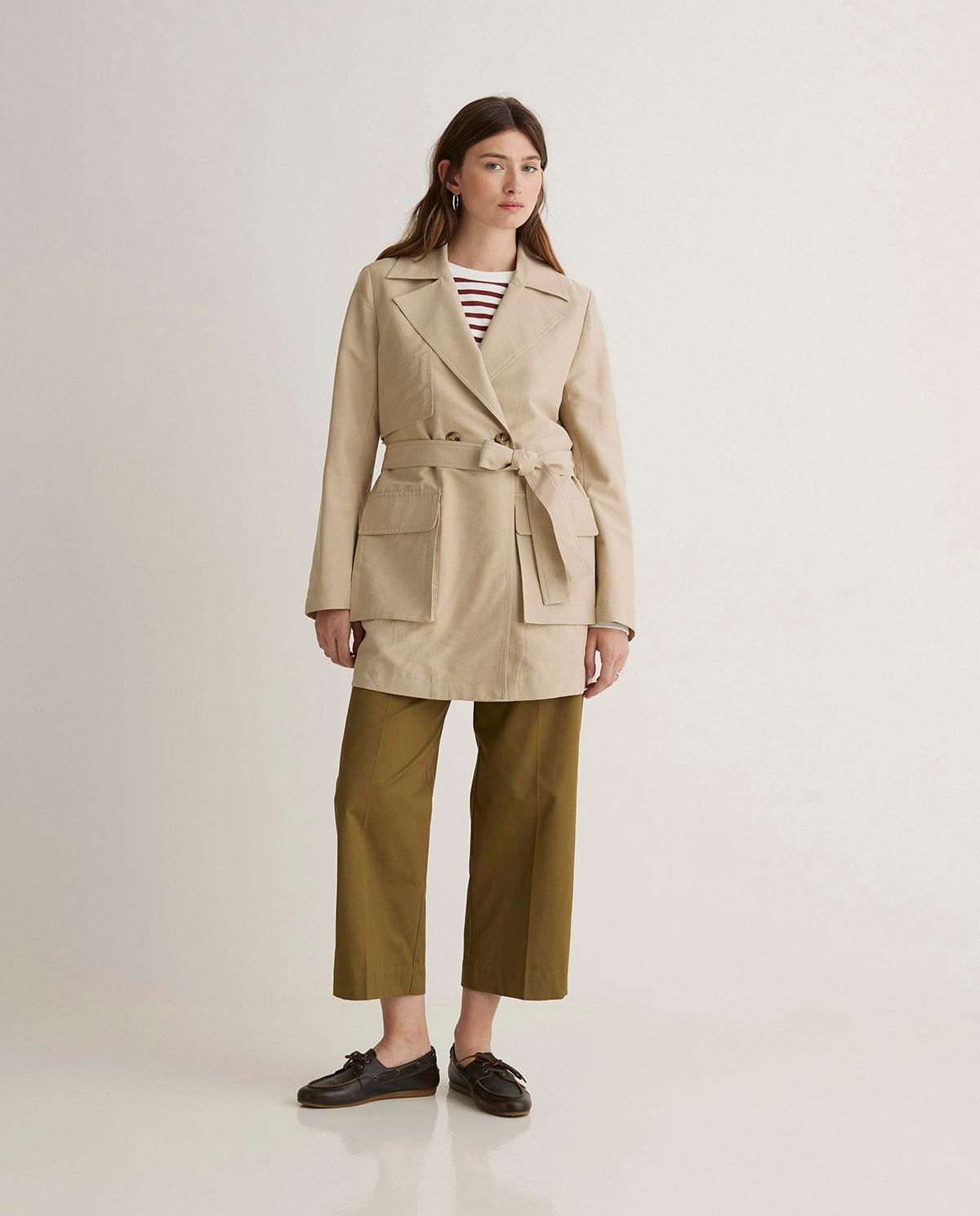 Trench corto cinturón beige- Trench mezcla de tencel 4