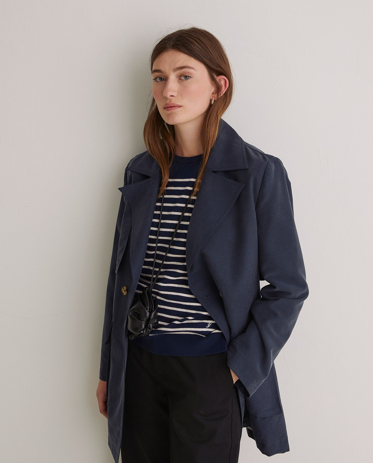 Navy blue belted short trench - Tencel blend trench