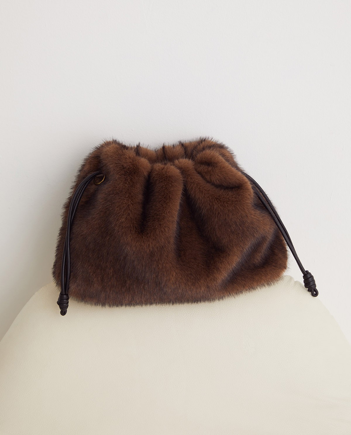 Chocolate fur bag with adjustable leather handle - Fur bag with inner lining 2