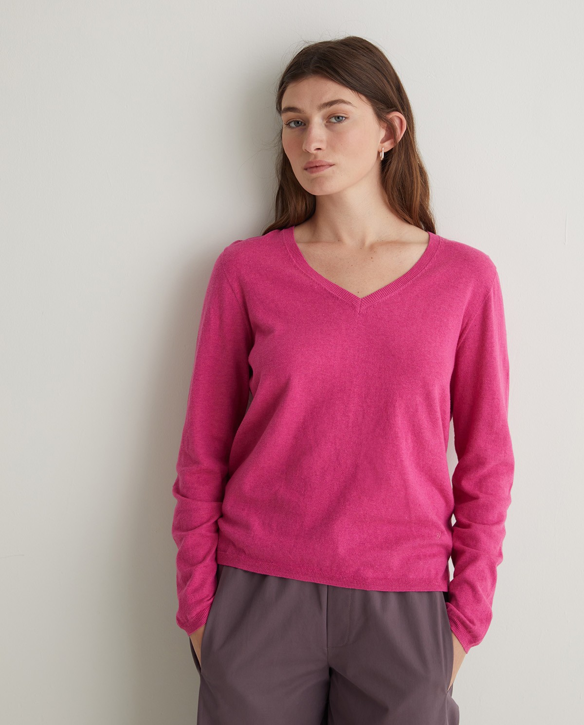 Jersey algodón orgánico cuello pico fucsia oscuro - Jersey algodón orgánico 100%