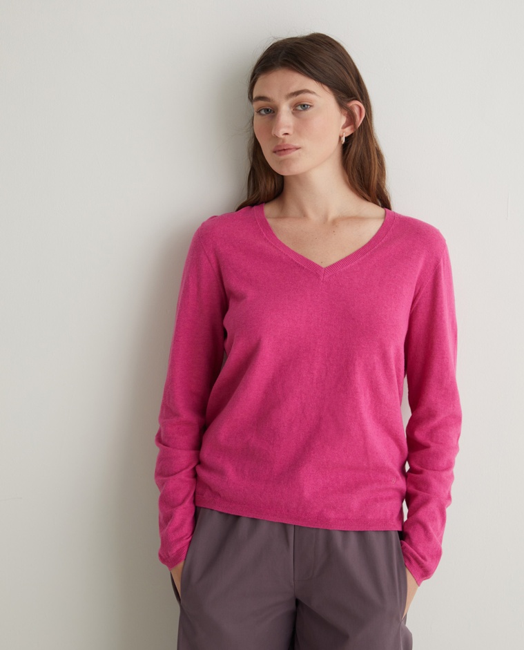 Jersey algodón orgánico cuello pico fucsia oscuro - Jersey algodón orgánico 100%