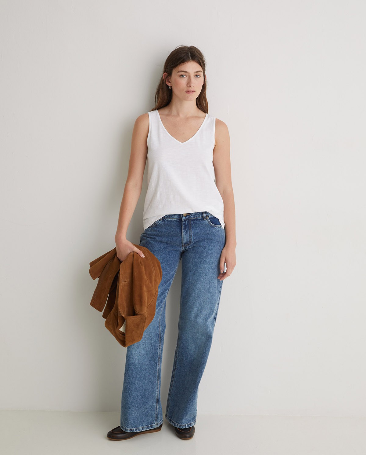 Top de algodón flamé blanco para mujer – Escote pico, suave y ligero