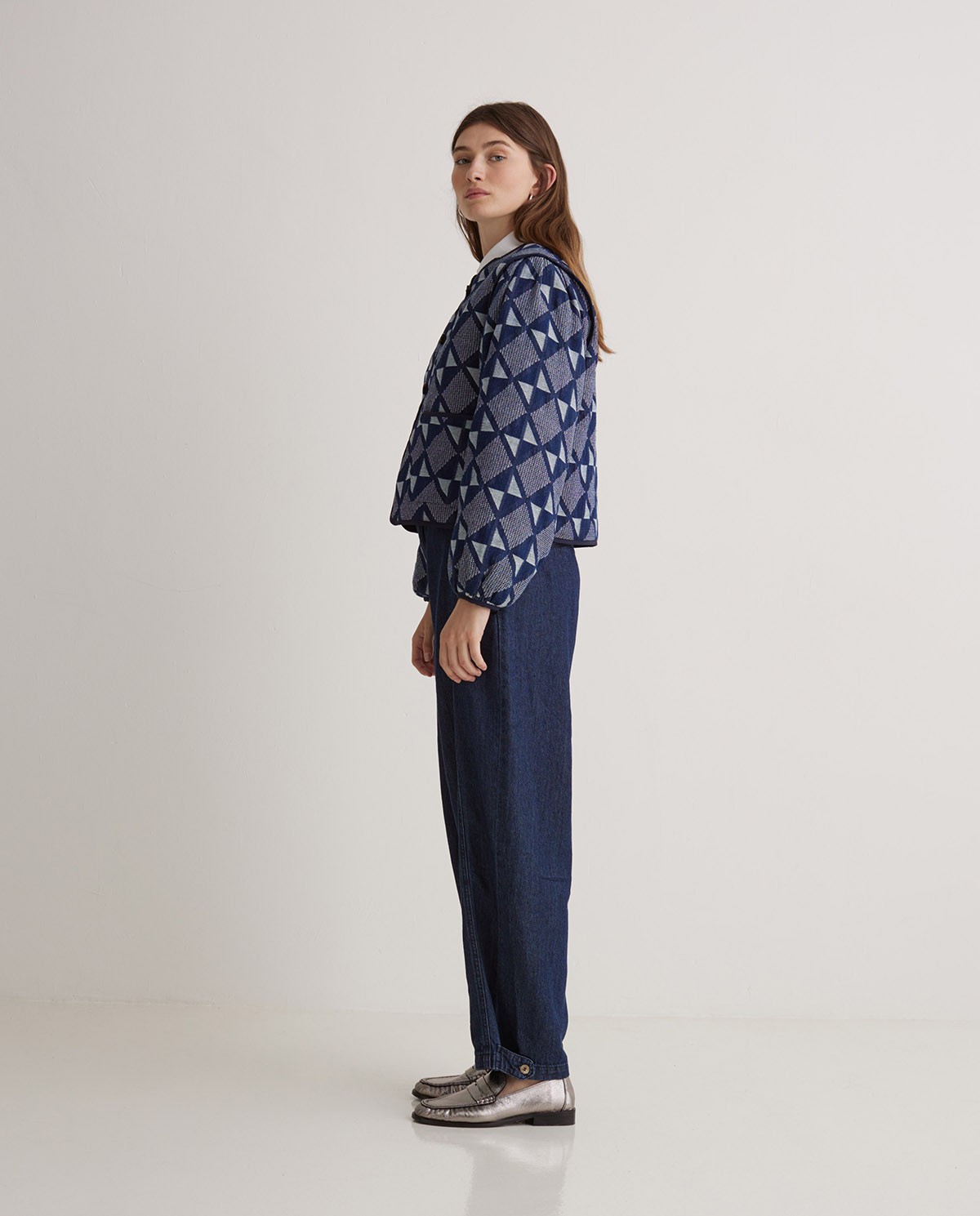 Indigo Blue Jacquard Cotton Short Jacket - Cotton and Viscose Blend Jacket 5