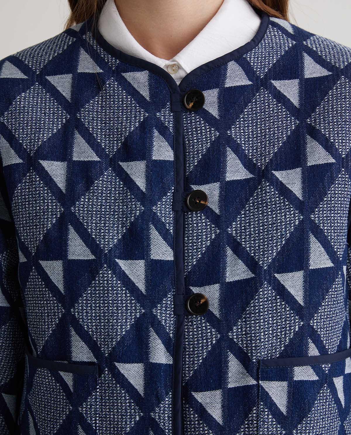 Indigo Blue Jacquard Cotton Short Jacket - Cotton and Viscose Blend Jacket 3