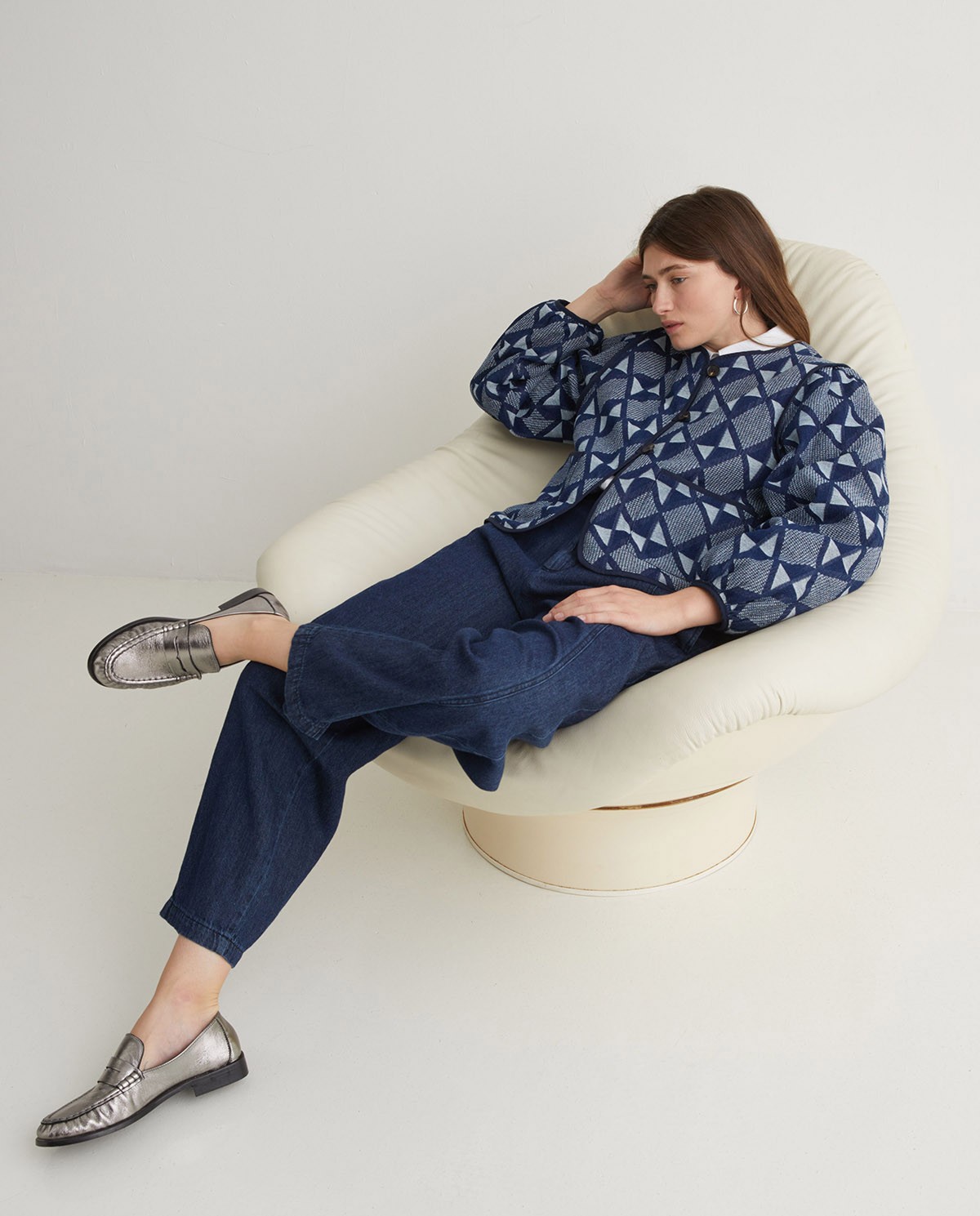 Indigo Blue Jacquard Cotton Short Jacket - Cotton and Viscose Blend Jacket 7