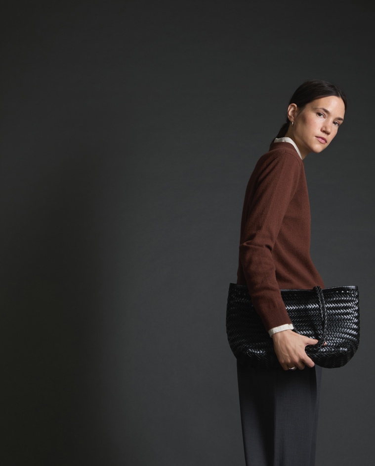 Black leather woven bag with removable inner bag and double handles