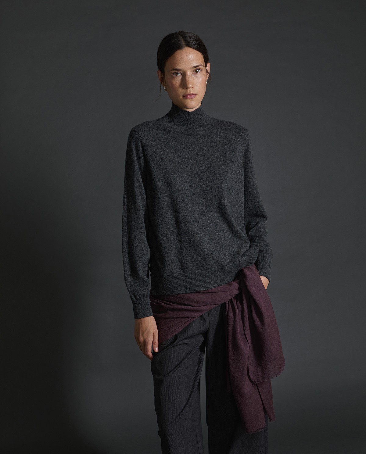 Écharpe effet effiloché en laine mélangée aubergine - Écharpe plissée 1