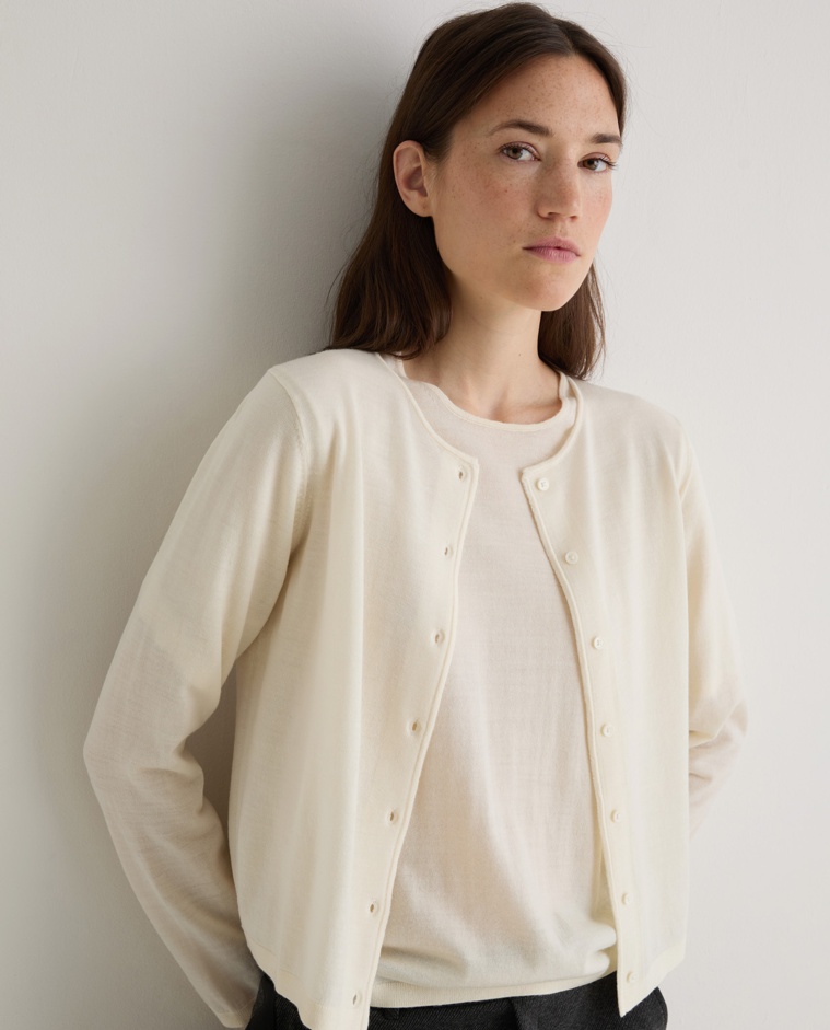 Cardigan 100 % laine mérinos écru femme Yerse - Détail vue de face