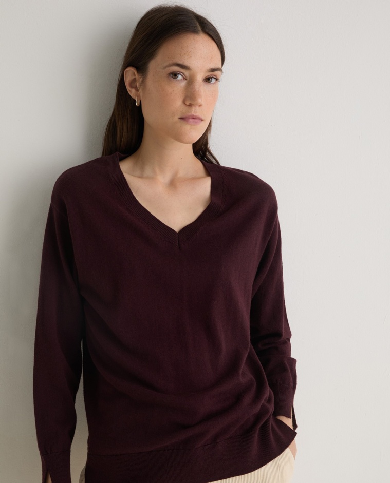 Jersey algodón orgánico y lana granate mujer Yerse - Detalle frontal