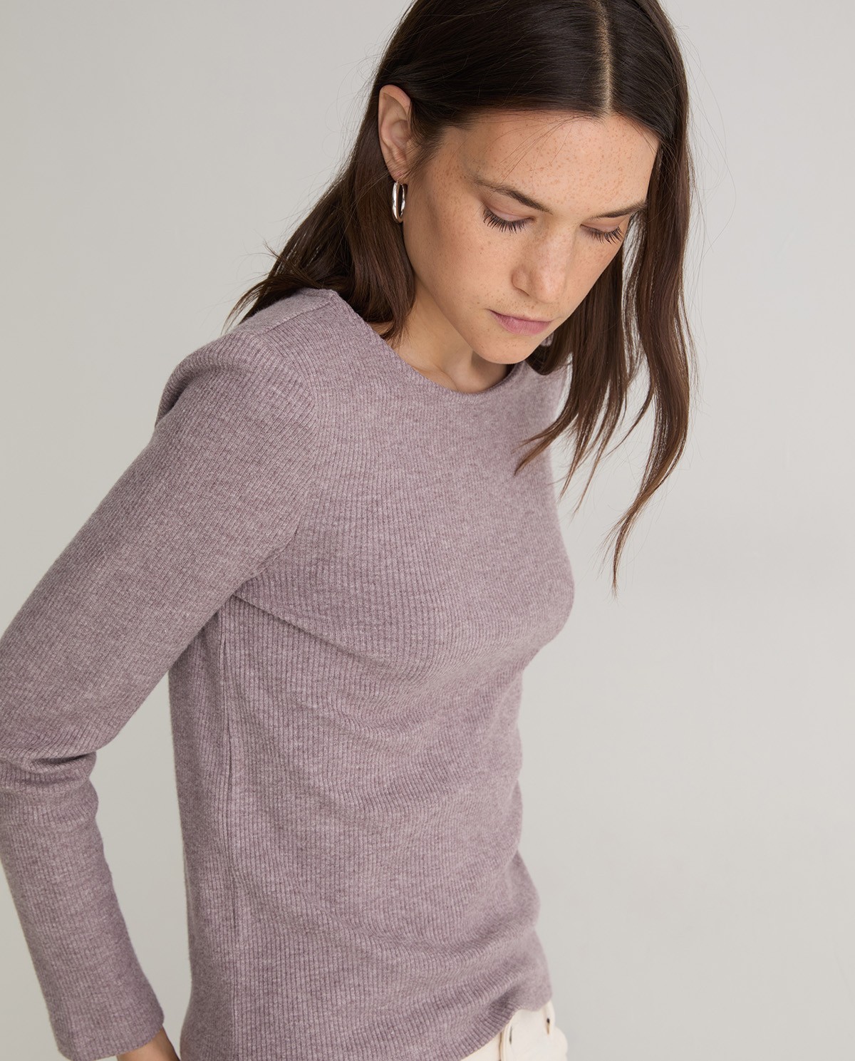 Mauve ribbed long-sleeve t-shirt woman Yerse - Front view