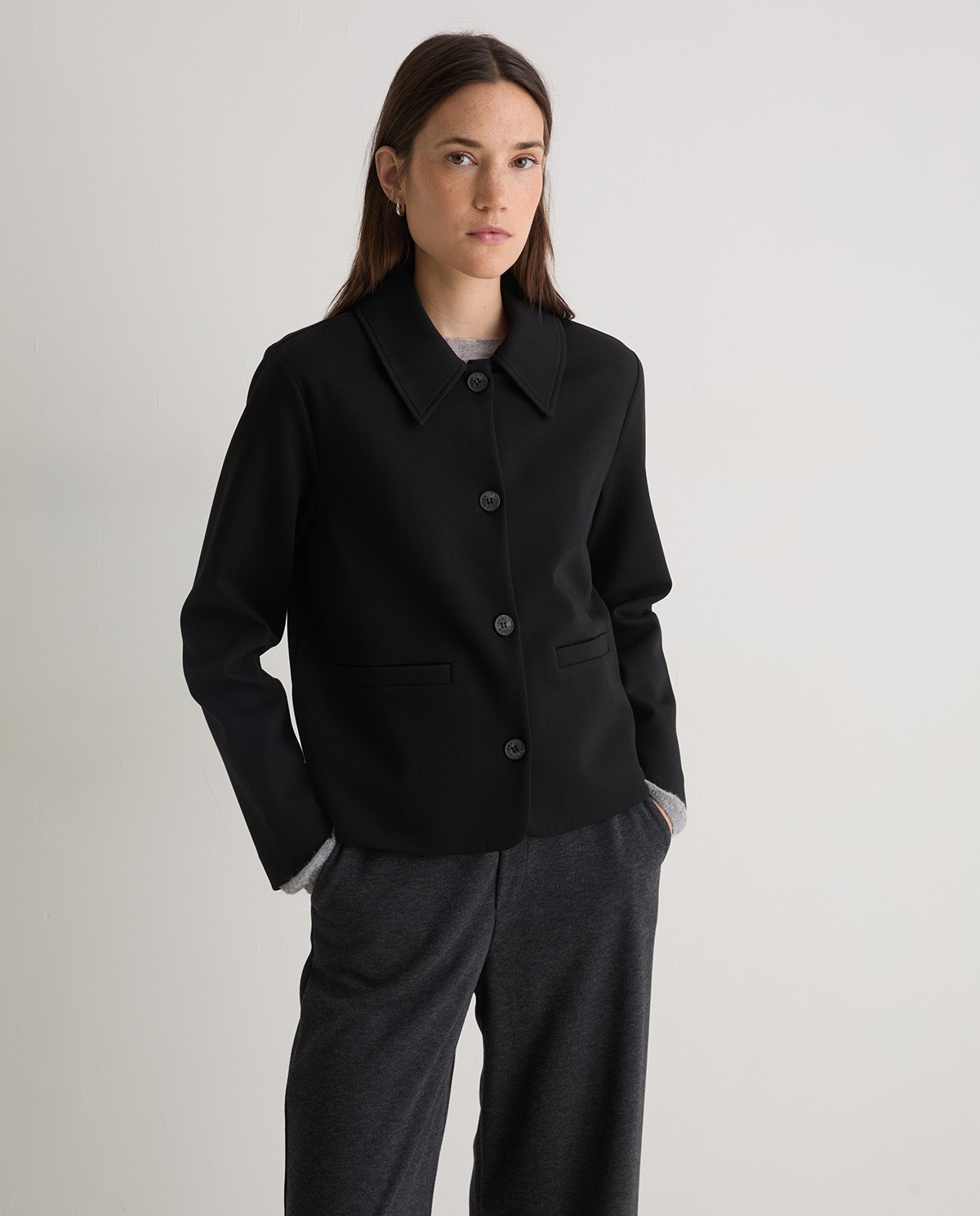 Black short cotton jacket woman Yerse - Front view 3