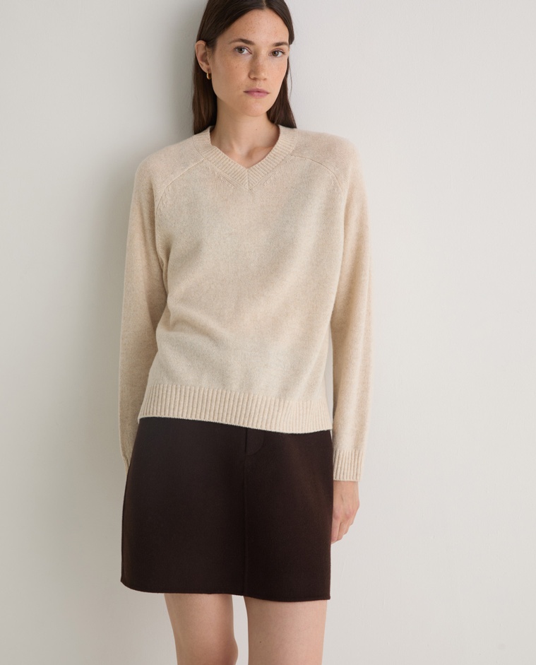 Ecru wool blend V-neck sweater - Sweater made with RWS wool