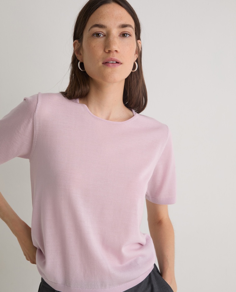 Pull 100 % laine mérinos rose pâle femme Yerse - Détail vue de face
