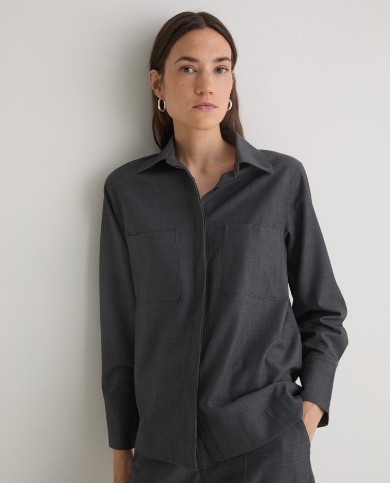 Grey long-sleeve shirt with pockets woman Yerse - Front view