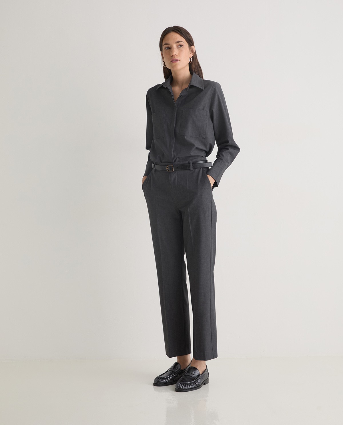 Grey long-sleeve shirt with pockets woman Yerse - Front view 7