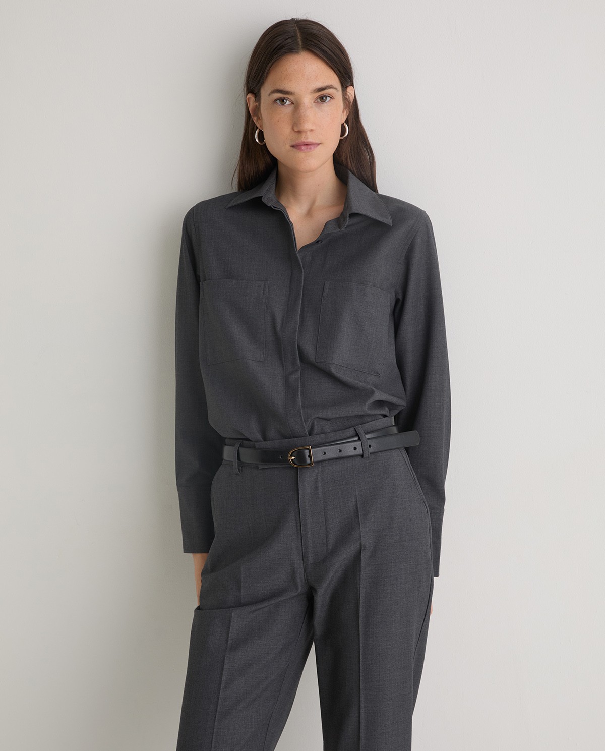 Grey long-sleeve shirt with pockets woman Yerse - Front view 2