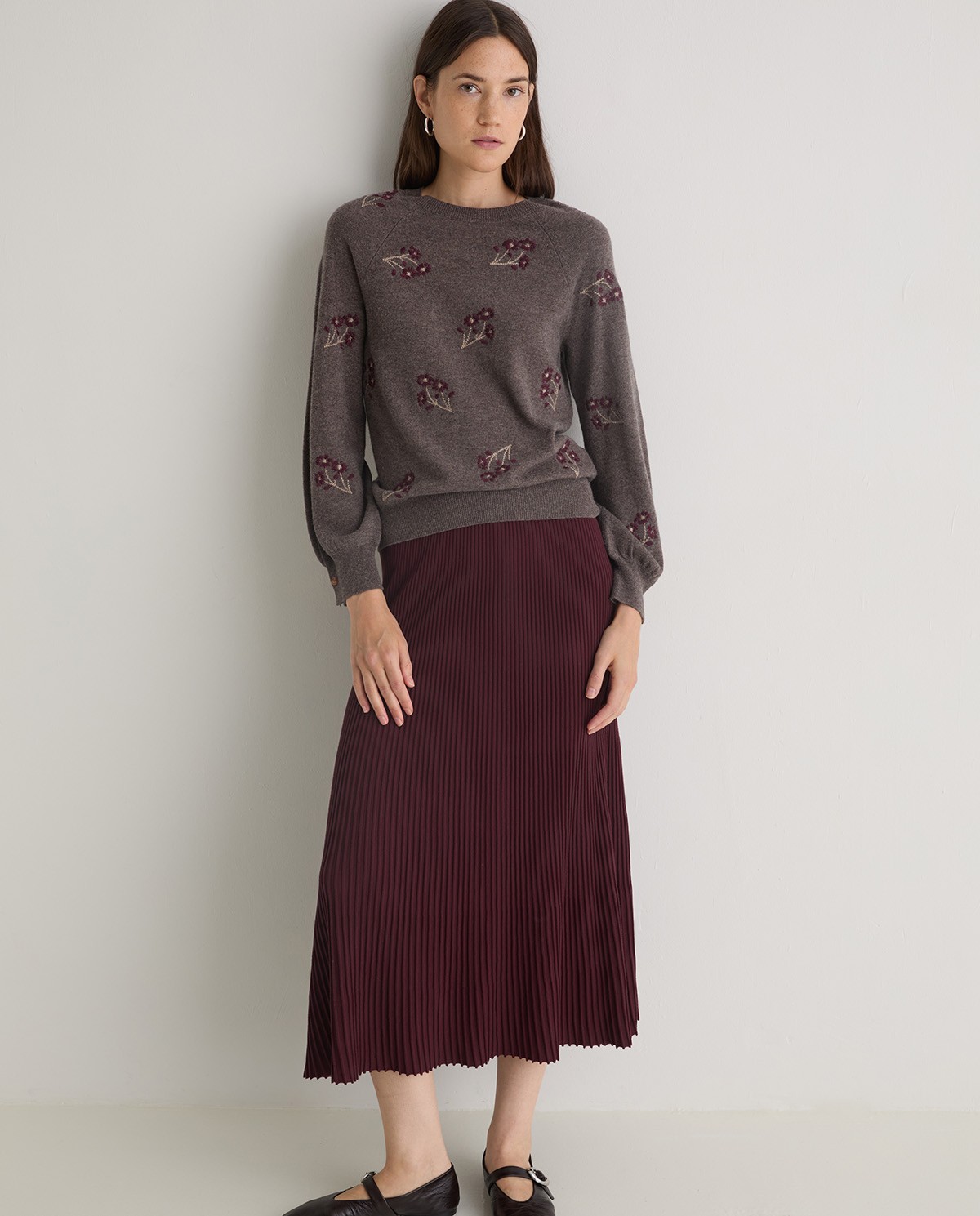 Maroon pleated midi skirt woman Yerse - Front view 2