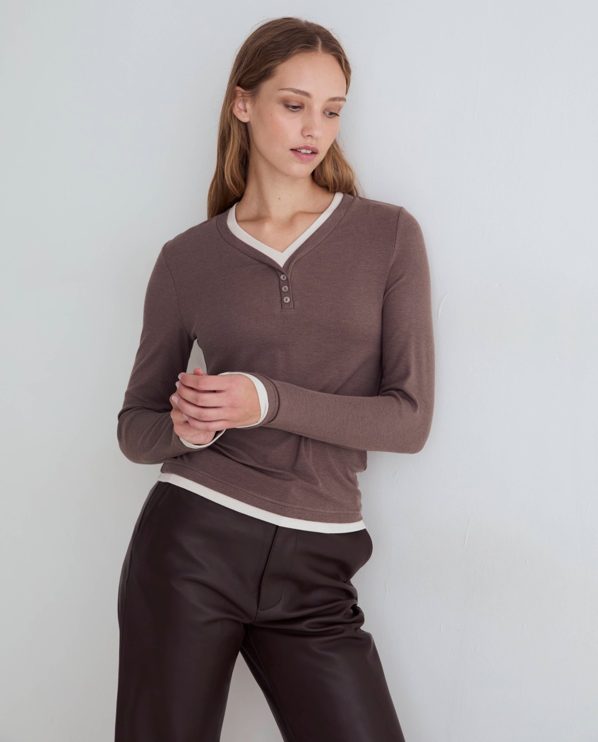 Beige layered-effect T-shirt, front view with fabric detail
