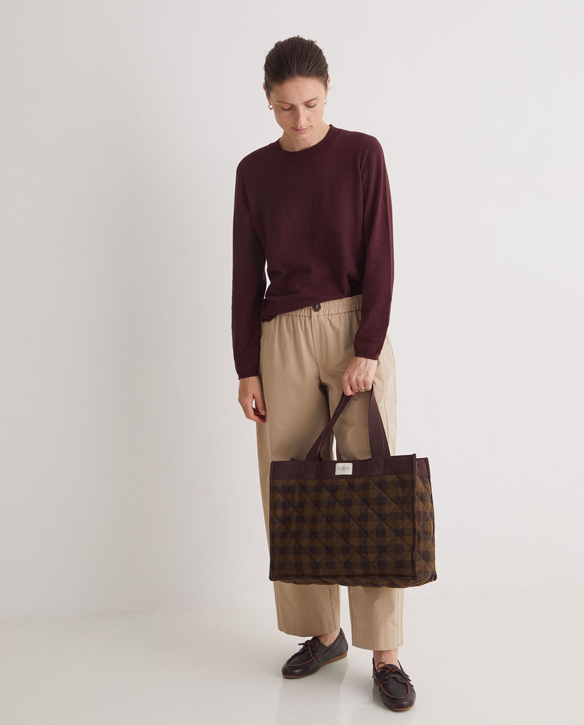 Sac cabas en laine et coton à carreaux kaki - Sac cabas 1