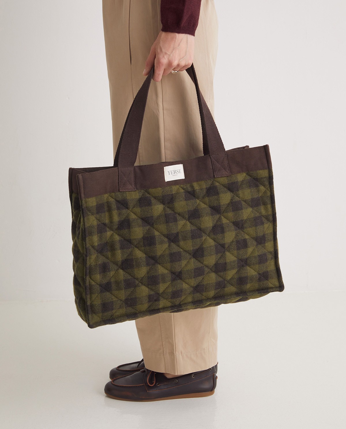 Khaki checked wool and cotton tote bag woman Yerse - Front view