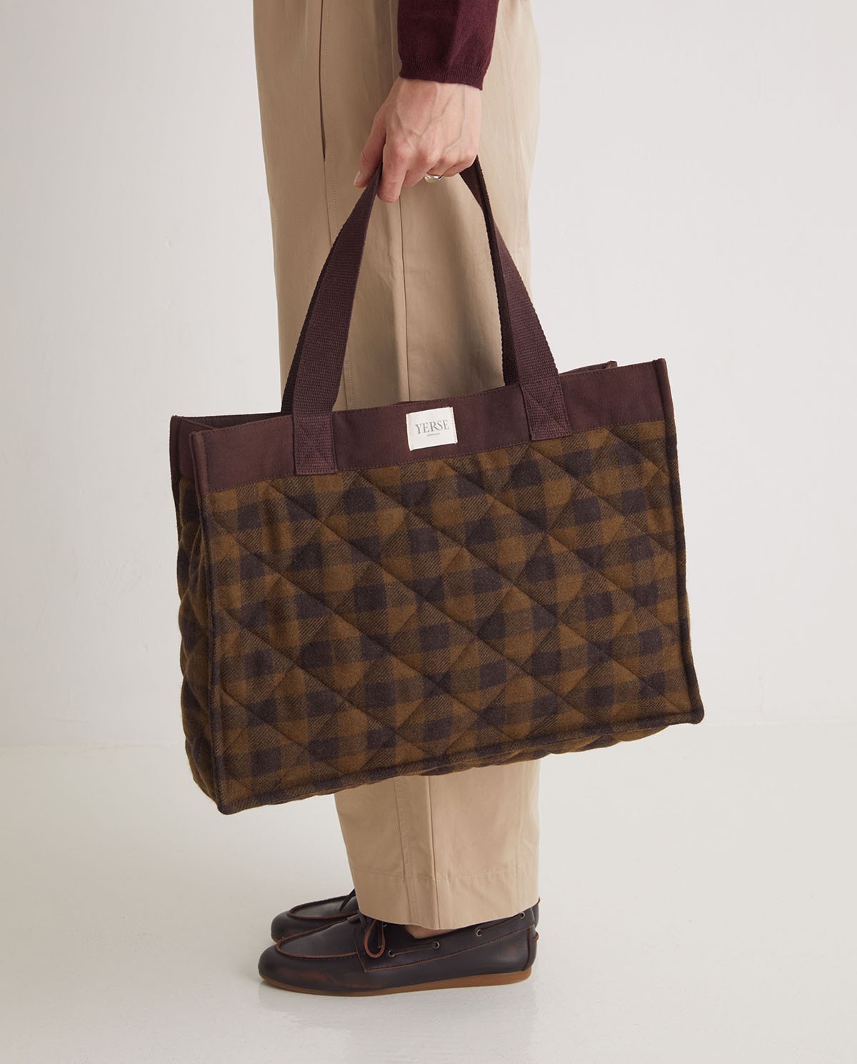 Sac cabas en laine et coton à carreaux kaki - Sac cabas 2
