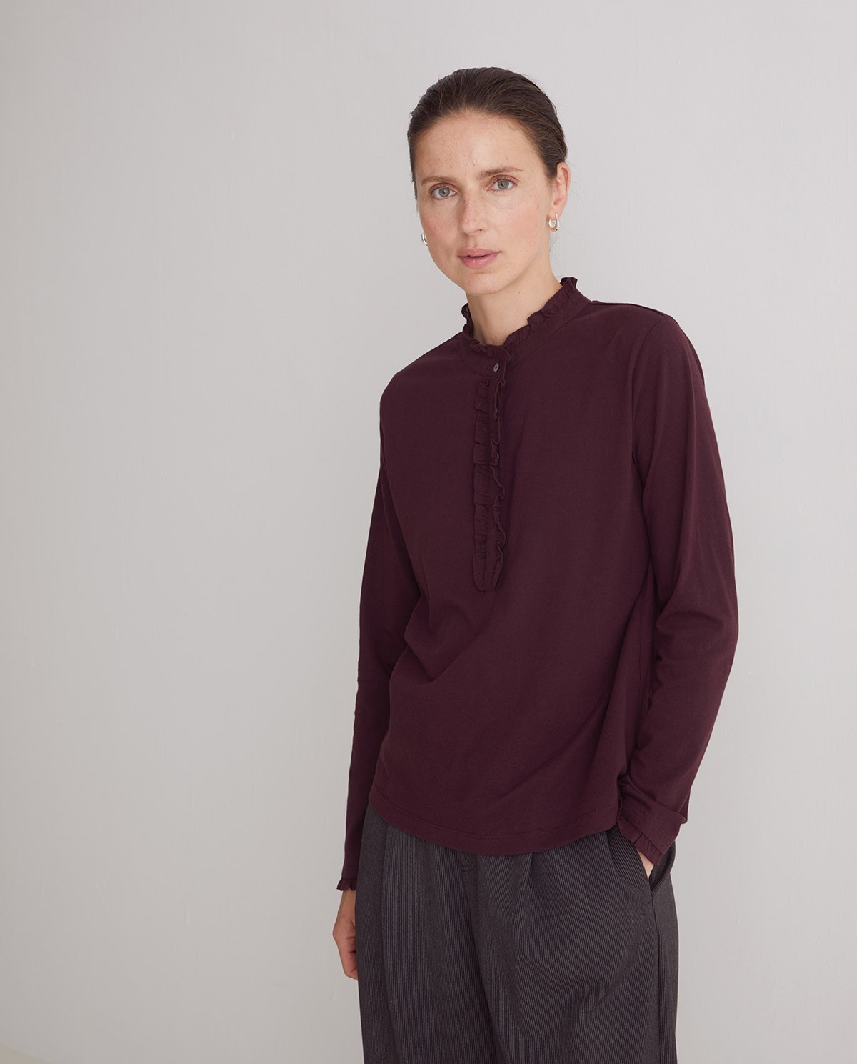 T-shirt 100% coton à volants aubergine - T-shirt 100% coton