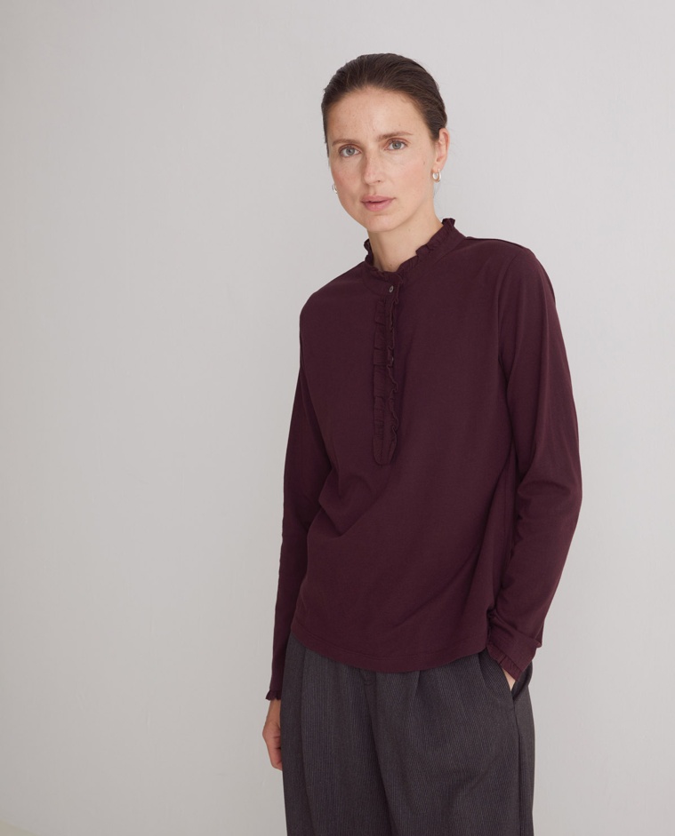T-shirt 100% coton à volants aubergine - T-shirt 100% coton